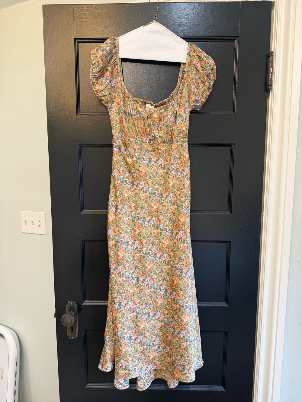 Floral Puff-Sleeve Maxi Dress in Green and Peach